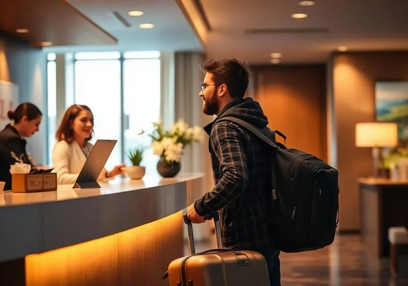 Viajante com mala falando com a recepcionista na recepção do hotel