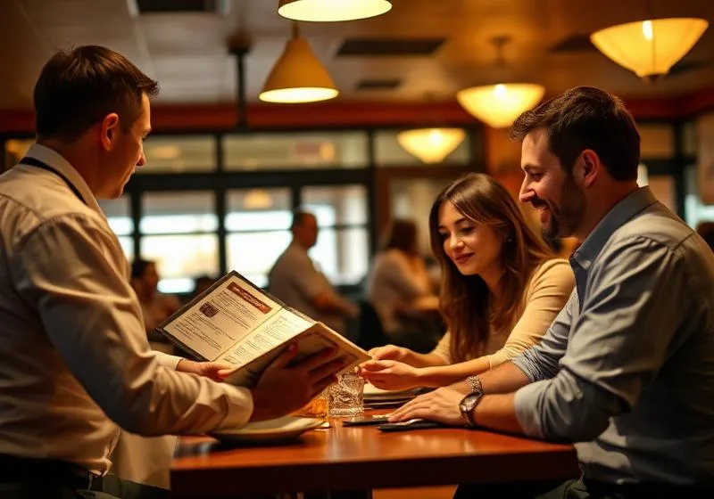 Casal de turistas conversando com o garçom sobre o cardápio na mesa do restaurante